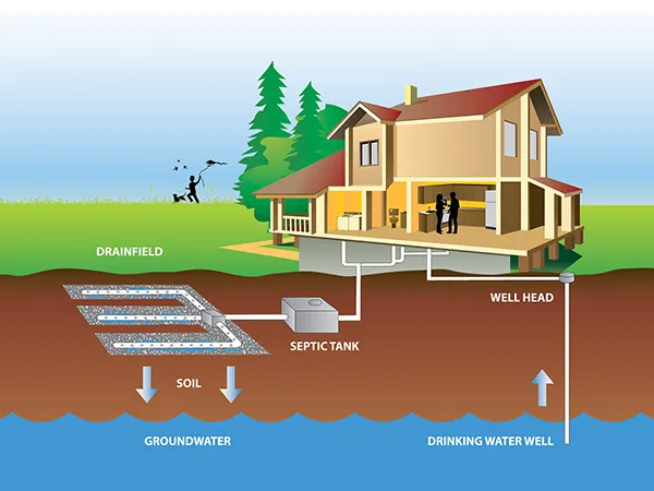 A diagram of a standard septic tank system, including septic tank, well head, and drainfield.